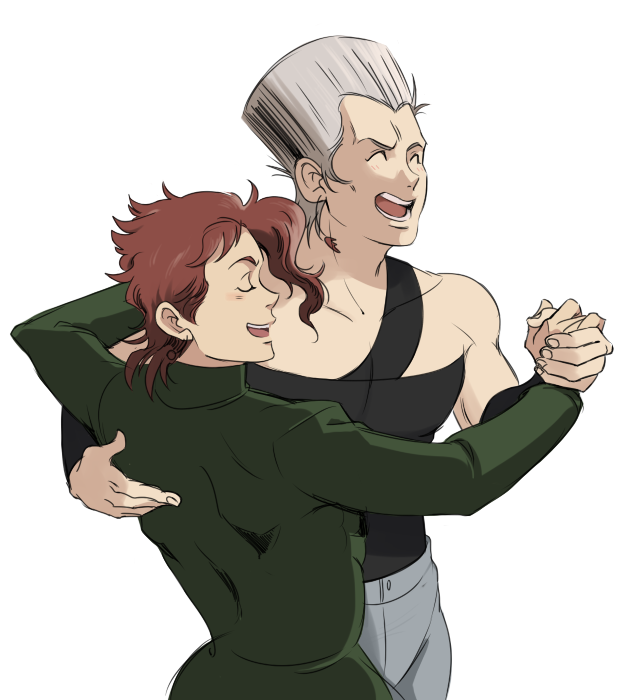 2boys, dancing, grey_hair, jean_pierre_polnareff, jojo_no_kimyou_na_bouken, kakyouin_noriaki, morphin_e, multiple_boys