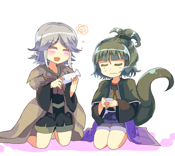 adagumo_no_saragimaru, androgynous, bottle, bow, brown_coat, capelet, closed_eyes, frown