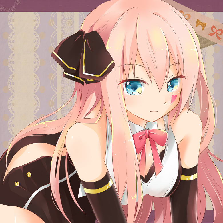 1girl, blackjack_(vocaloid), blue_eyes, blush, bow, hair_ribbon, heart, long_hair