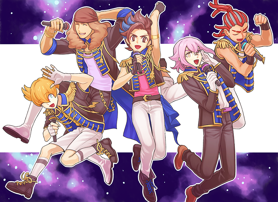 5boys, arm_up, armlet, black_gloves, blue_eyes, blue_hair, bracelet, brown_eyes