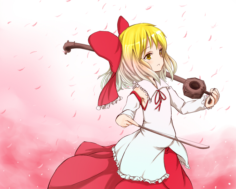 1girl, blonde_hair, bow, erhu, hair_bow, hair_ornament, hair_ribbon, instrument