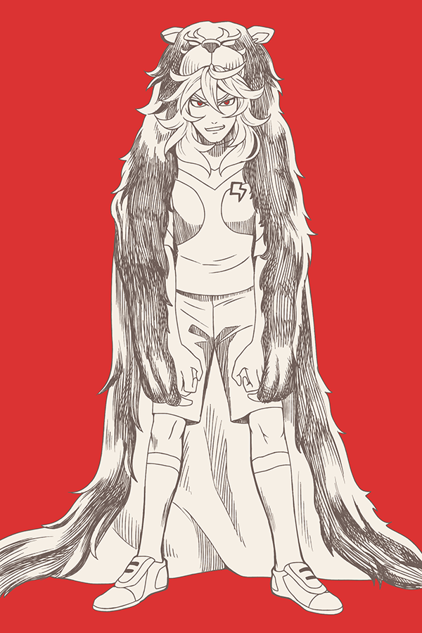 1boy, animal_skin, bearskin, dolustoy, earth_eleven, grin, grizzly_(inazuma_eleven), inazuma_eleven_(series), inazuma_eleven_go, inazuma_eleven_go_galaxy, kusaka_ryuuji, lightning_bolt, looking_at_viewer, male, monochrome, red_background, red_eyes, simple_background, smile, soccer_uniform, solo, sportswear, spot_color, standing