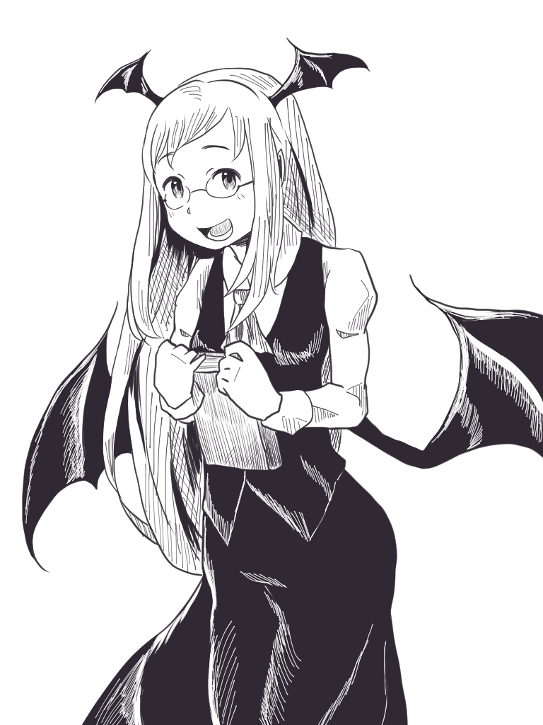 1girl, ascot, bat_wings, bespectacled, book, chi-kun_(seedyoulater), dress_shirt, glasses