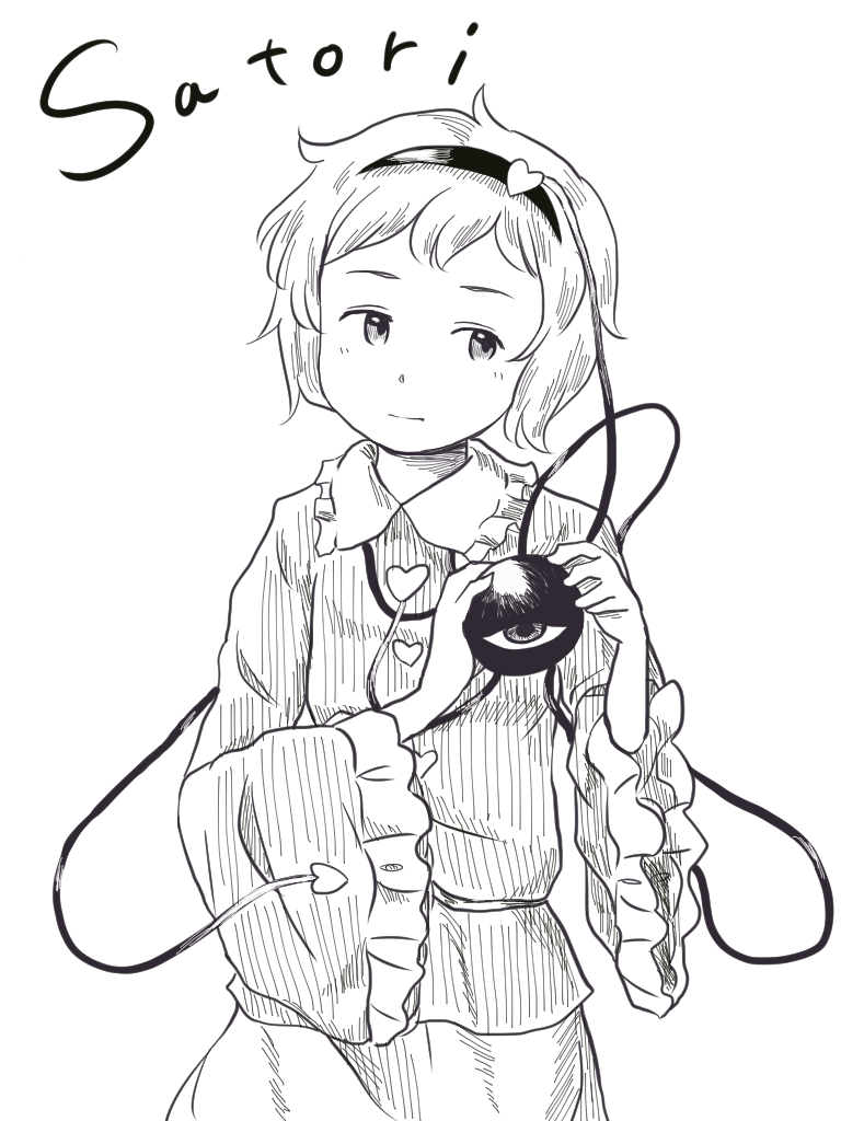 1girl, character_name, chi-kun_(seedyoulater), eyeball, hairband, heart, komeiji_satori, monochrome
