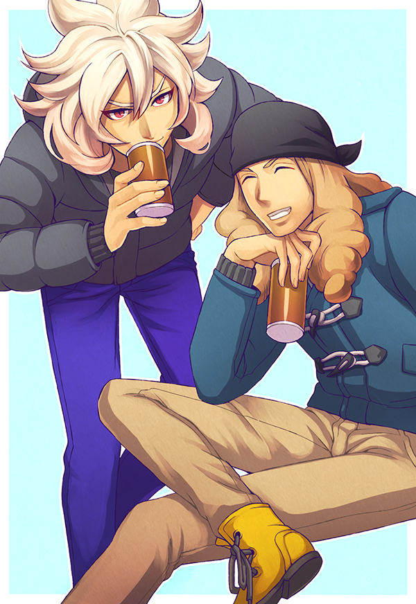 2boys, blue_background, brown_eyes, closed_eyes, dolustoy, dual_persona, grin, inazuma_eleven_(series)