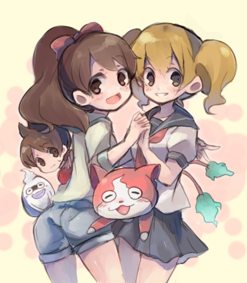 1boy, 2girls, amano_keita, blush, brown_eyes, brown_hair, emi-chan, ghost