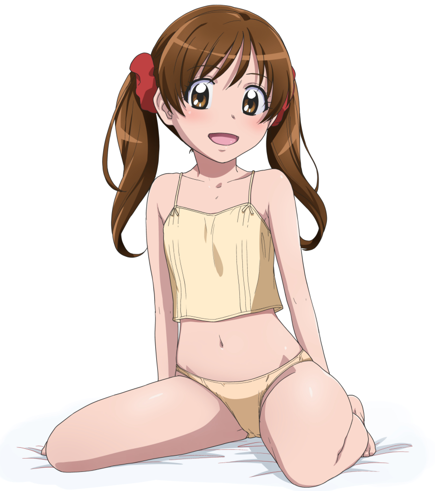 1girl, brown_eyes, brown_hair, long_hair, looking_at_viewer, navel, open_mouth, precure, precure_all_stars_new_stage:_mirai_no_tomodachi, sakagami_ayumi, sakecho, sitting, solo, twintails, underwear, underwear_only, wariza