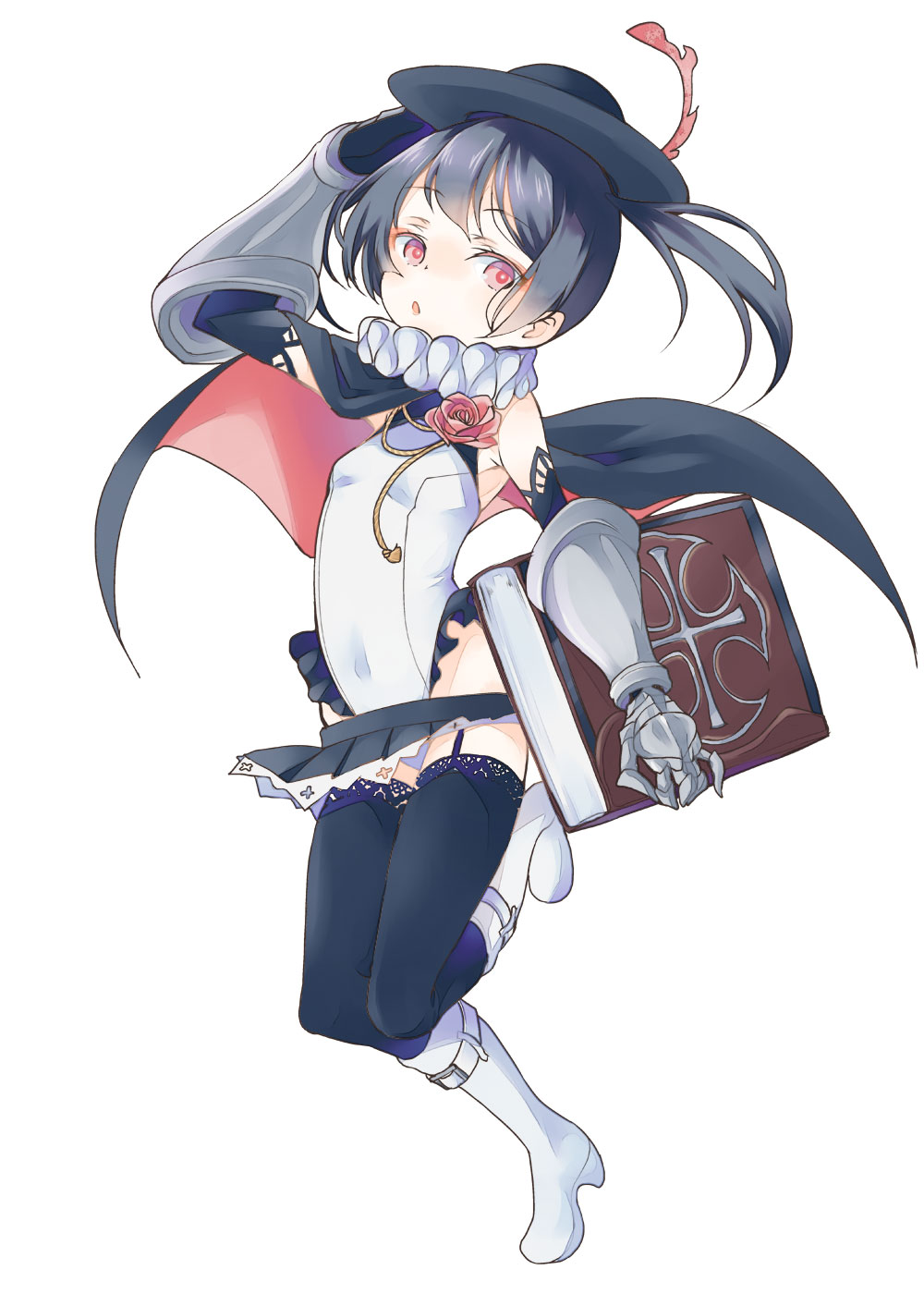1girl, book, boots, cape, cross, flower, garter_straps, gauntlets