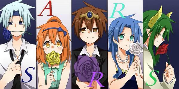 2girls, 3boys, arle_nadja, blue_eyes, brown_eyes, brown_hair, closed_eyes, column_lineup