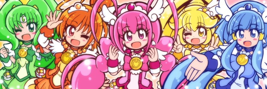 5girls, :d, ;d, ahoge, antenna_hair, aoki_reika, arm_warmers, blonde_hair, blue_eyes, blue_hair, blush, bowtie, brooch, choker, cure_beauty, cure_happy, cure_march, cure_peace, cure_sunny, earrings, green_eyes, green_hair, green_skirt, guardias, hair_bun, hair_tubes, happy, head_wings, hino_akane_(smile_precure!), hoshizora_miyuki, jewelry, kise_yayoi, long_hair, magical_girl, midorikawa_nao, multiple_girls, one_eye_closed, open_mouth, orange_hair, orange_skirt, payot, pink_eyes, pink_hair, precure, red_eyes, short_hair, skirt, smile, smile_precure!, tiara, twintails, wrist_cuffs, yellow_eyes