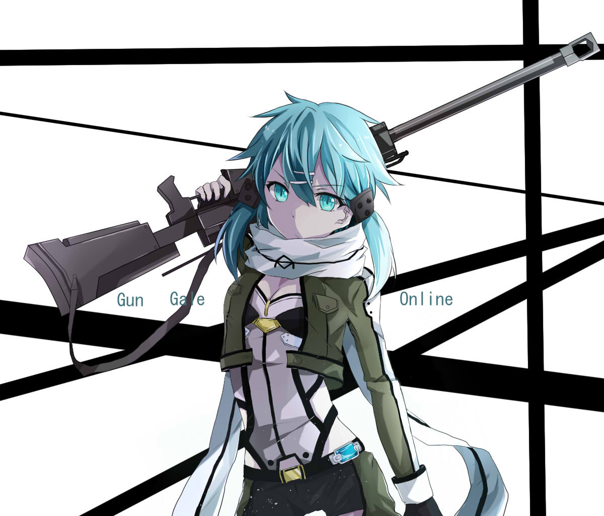 anti-materiel_rifle, aqua_eyes, aqua_hair, fingerless_gloves, futago, gloves, gun, rifle, scarf, shinon_(sao), short_hair, short_shorts, shorts, sniper_rifle, sniper_scope, sword_art_online, weapon