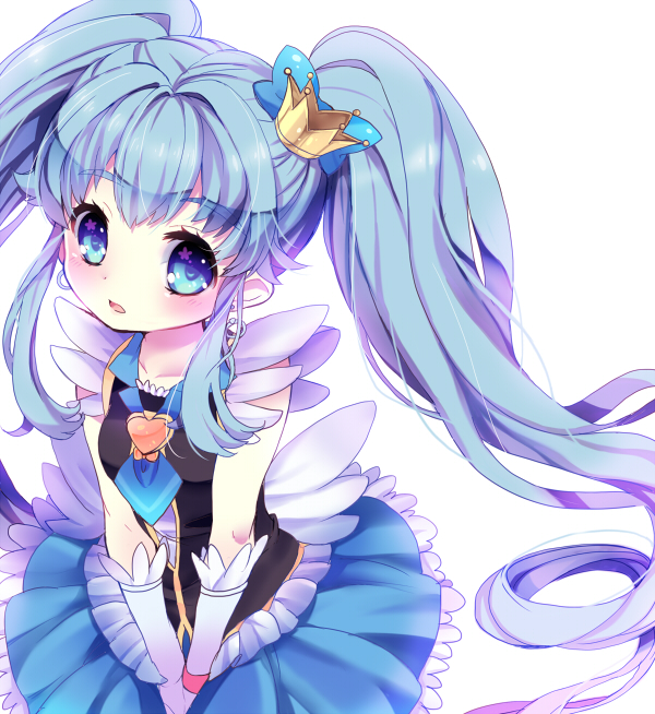 1girl, blue_eyes, blue_hair, blue_skirt, blush, bow, crown, cure_princess