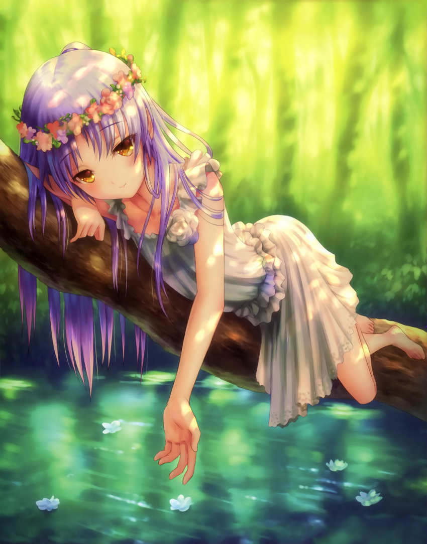 1girl, absurdres, angel_beats!, barefoot, branch, dappled_sunlight, dress, flower