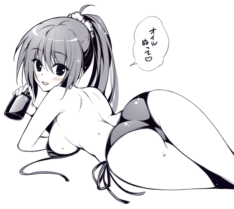 1girl, bikini, blush, breasts, large_breasts, long_hair, looking_at_viewer, looking_back, lying, monochrome, on_stomach, open_mouth, original, oryou, smile, solo, swimsuit, tanning_oil, untied