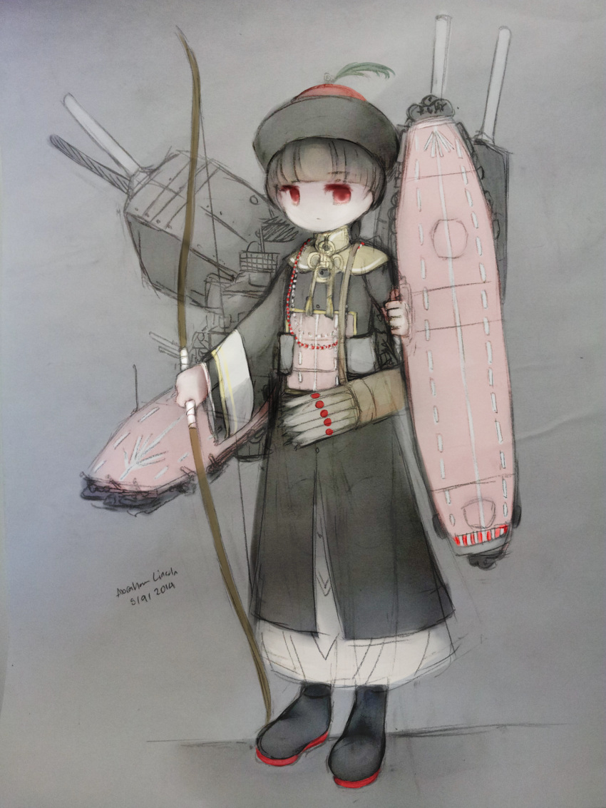 absurdres, aircraft_carrier, archer, arrow, black_hair, boots, bow, braid