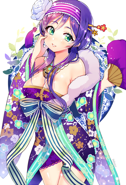 big_breast, blush, fan, flower, green_eyes, hair_band, long_hair, love_live!_school_idol_project, ribbo, ribbon, smile, toujou_nozomi, twintails, violet_hair, yukata