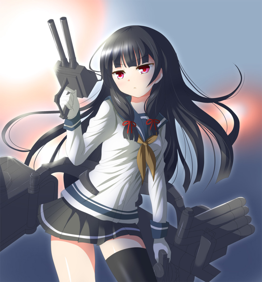 1girl, bangs, black_hair, black_legwear, blunt_bangs, deego_(omochi_bazooka), gloves, grey_skirt
