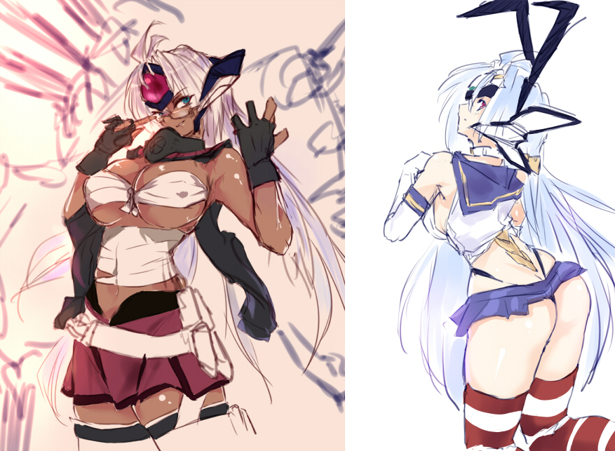 2girls, adjusting_glasses, android, black_panties, blonde_hair, blue_eyes, blue_hair, breasts, budget_sarashi, cleavage, cyborg, dark_skin, elbow_gloves, fingerless_gloves, glasses, gloves, headgear, kantai_collection, kos-mos, large_breasts, long_hair, looking_at_viewer, multiple_girls, musashi_(kantai_collection)_(cosplay), negresco, panties, pink_eyes, sarashi, shimakaze_(kantai_collection)_(cosplay), shiny, shiny_skin, silver_hair, striped, striped_legwear, t-elos, thigh-highs, underwear, xenosaga