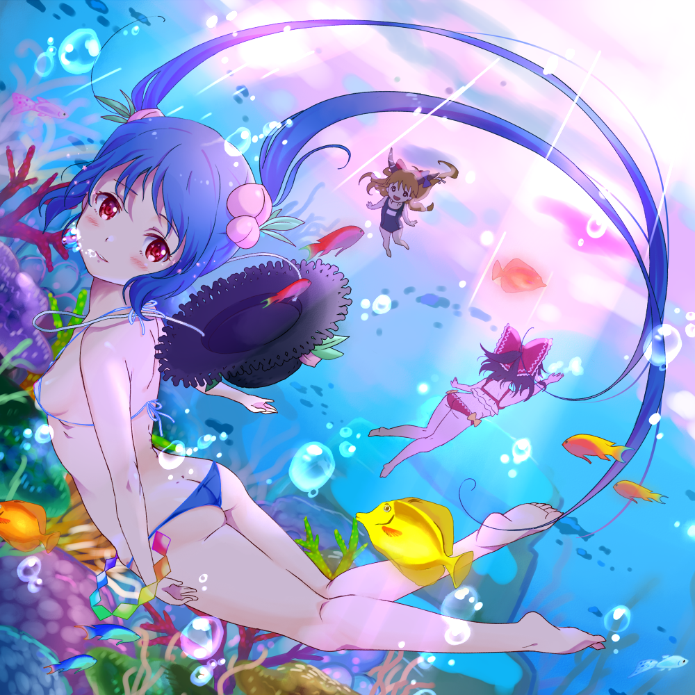 3girls, alternate_hairstyle, ass, back, bikini, blonde_hair, blue_bikini, blue_hair, bow, breasts, bubble, coral, diving, fish, food, fruit, hair_bow, hair_ornament, hakurei_reimu, hat, hinanawi_tenshi, horn_ribbon, horns, ibuki_suika, long_hair, micro_bikini, motiking, multiple_girls, open_mouth, peach, pink_eyes, red_bikini, ribbon, school_swimsuit, sideboob, smile, straw_hat, swimsuit, touhou, twintails, underwater, very_long_hair