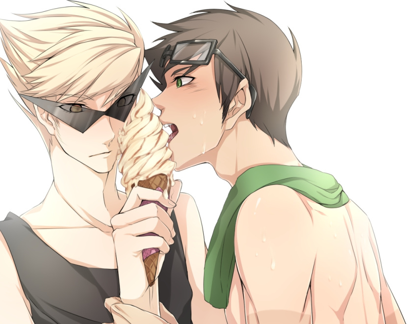 2boys, backlighting, black_hair, blonde_hair, blush, dirk_strider, food, glasses