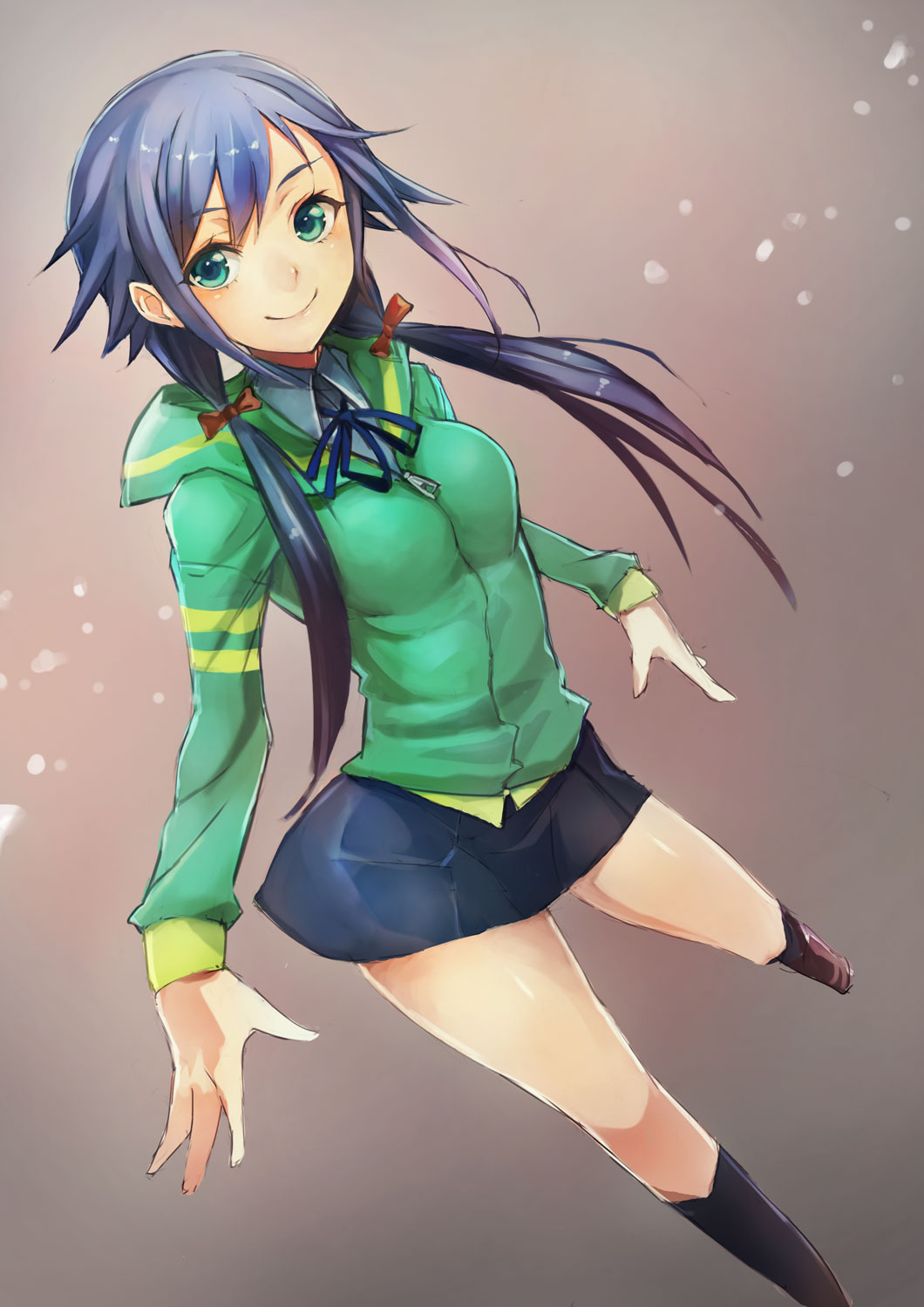 1girl, black_legwear, blue_hair, borrowed_character, breasts, fukami_nana, green_eyes, highres
