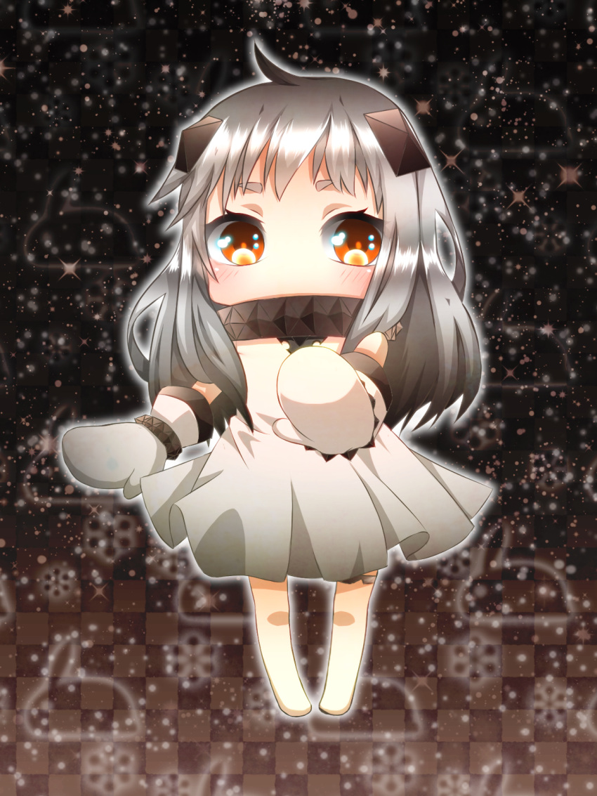 1girl, chibi, covered_mouth, highres, horns, kamu_(ayano1342), kantai_collection, long_hair, looking_at_viewer, mittens, northern_ocean_hime, orange_eyes, pale_skin, reaching, shinkaisei-kan, silver_hair, solo