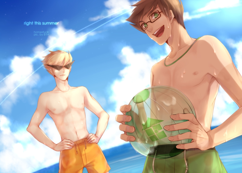 2boys, ball, black_hair, blonde_hair, blue_sky, buck_teeth, dirk_strider, glasses
