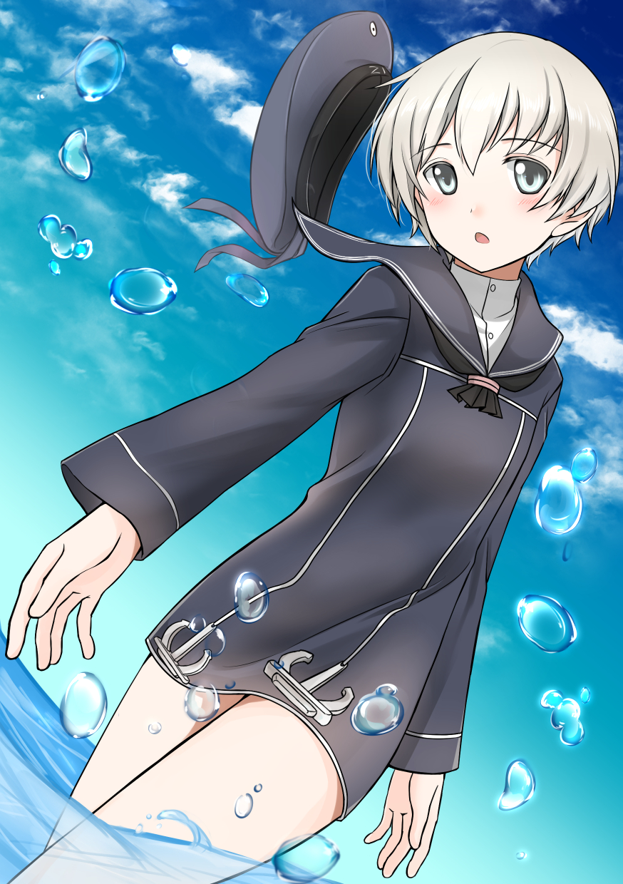 1girl, anchor, bare_legs, blonde_hair, blue_dress, blue_eyes, blue_sky, dress, hat, hat_removed, headwear_removed, highres, kantai_collection, long_sleeves, looking_at_viewer, neckerchief, sailor_collar, sailor_dress, sailor_hat, short_hair, sky, solo, wading, z1_leberecht_maass_(kantai_collection), zenryaku