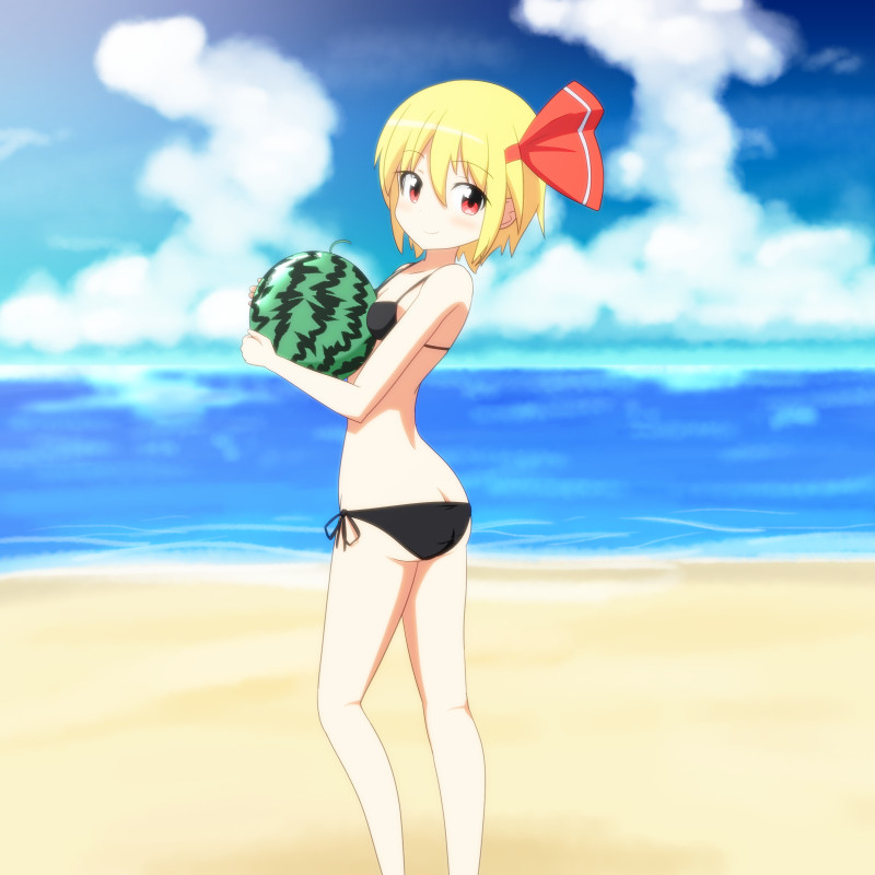 1girl, ass, beach, between_breasts, bikini, blonde_hair, blush, butt_crack