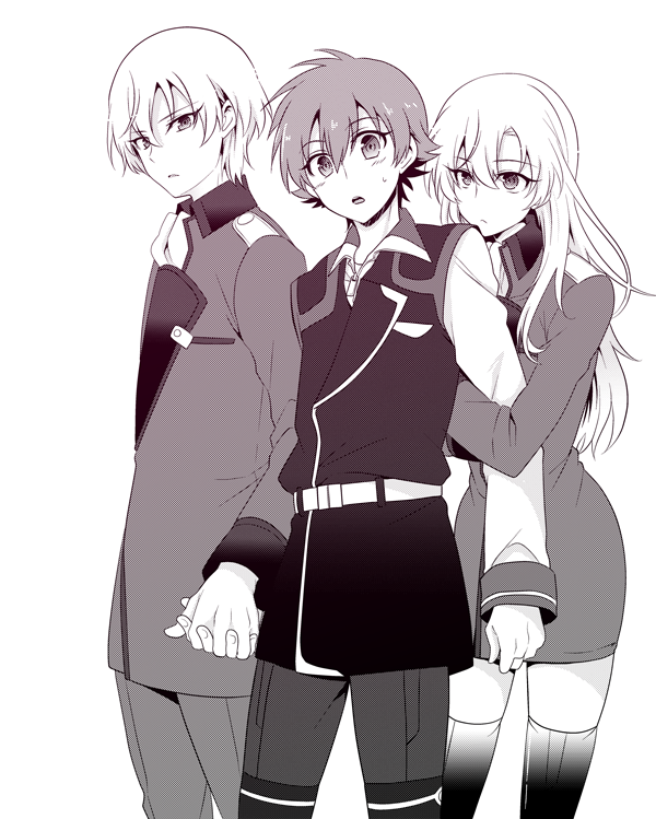 1girl, 2boys, belt, black_legwear, blush, dual_persona, genderswap, holding_arm