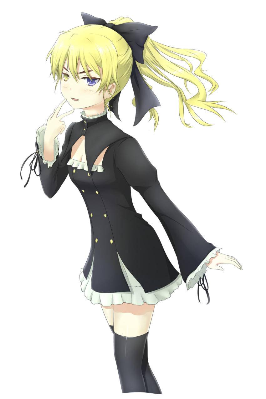 1girl, asakurashinji, black_legwear, blonde_hair, bow, breasts, cleavage, fang, hair_bow, hair_ribbon, heterochromia, highres, kirishima_clara, long_hair, long_sleeves, looking_at_viewer, ponytail, ribbon, solo, thigh-highs, world_embryo, zettai_ryouiki