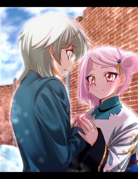 1boy, 1girl, blue_sky, child, hair_bun, holding_hands, kakumeiki_valvrave, l-elf