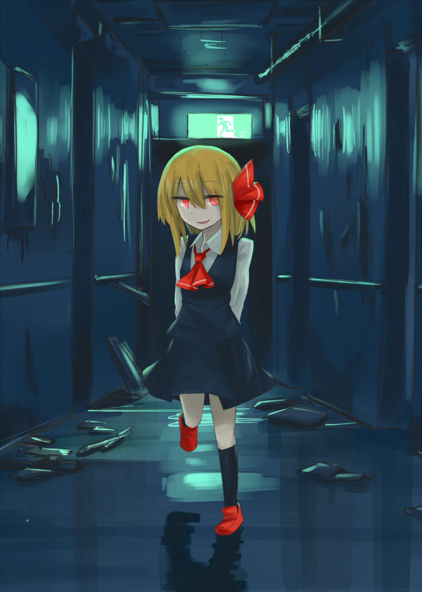 1girl, :d, arms_behind_back, ascot, blonde_hair, exit_sign, fang, hair_ribbon