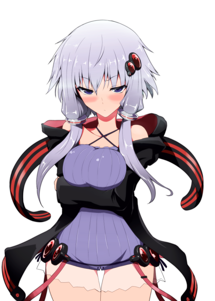 1girl, blue_eyes, blush, breasts, crossed_arms, embarrassed, hair_bobbles, hair_ornament