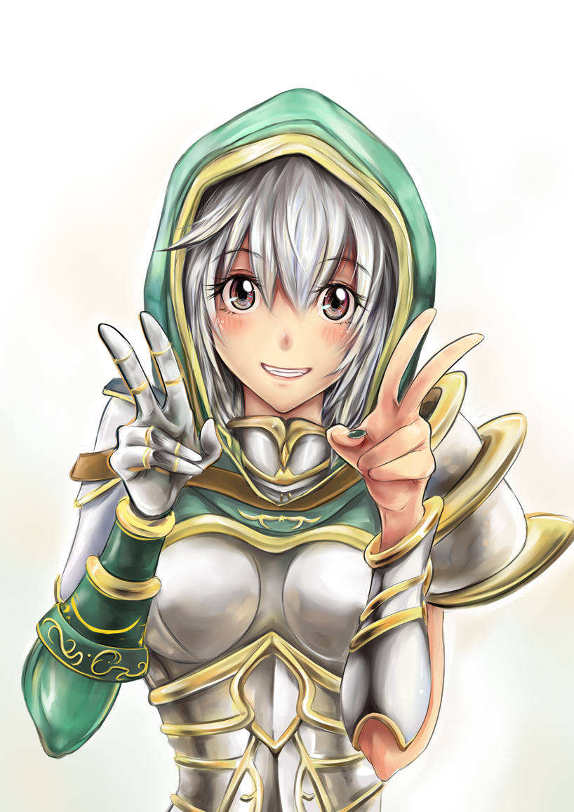 1girl, armor, erementa, grin, hood, league_of_legends, looking_at_viewer, nail_polish