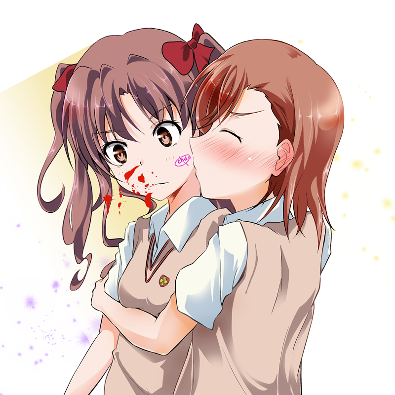 1girl, 2girls, azumawari_(azumofu), blood, brown_eyes, brown_hair, kiss, long_hair, misaka_mikoto, multiple_girls, nosebleed, school_uniform, shirai_kuroko, short_hair, to_aru_kagaku_no_railgun, to_aru_majutsu_no_index, twintails, yuri