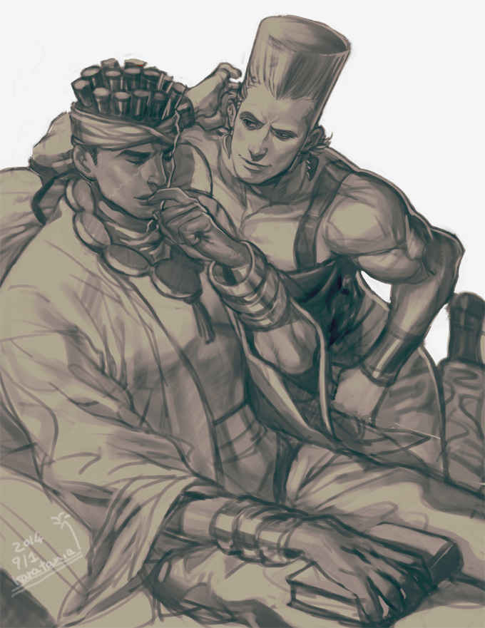 2boys, book, greyscale, jean_pierre_polnareff, jewelry, jojo_no_kimyou_na_bouken, kanataria, mohammed_avdol