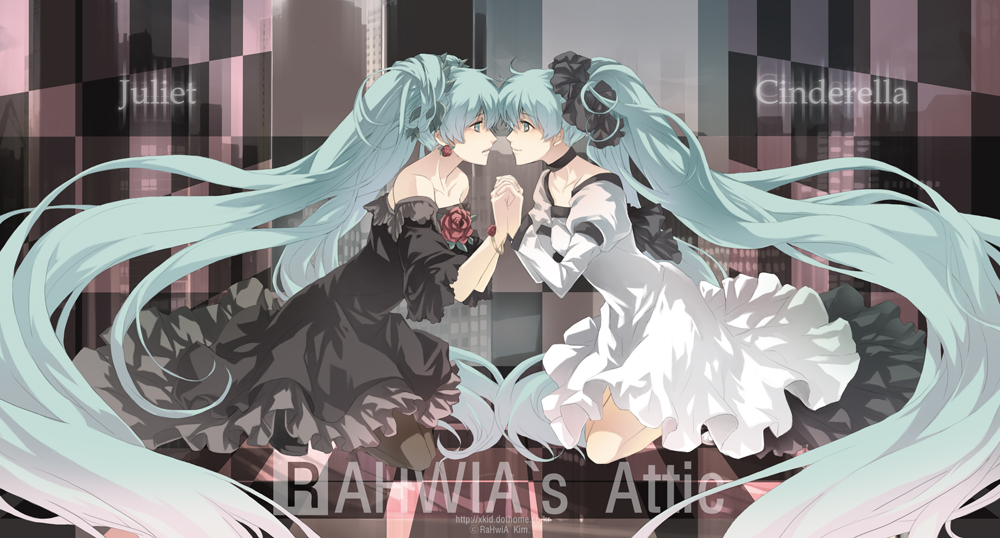 dress, dual_persona, flower, hands, hatsune_miku, lips, long_hair, rafia, rahwia, twintails, very_long_hair, vocaloid