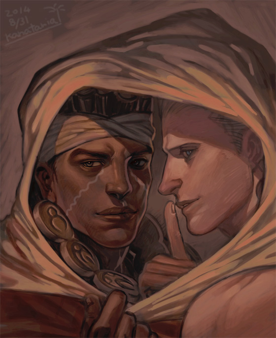 2boys, cloak, dark_skin, finger_to_mouth, jean_pierre_polnareff, jewelry, jojo_no_kimyou_na_bouken, kanataria
