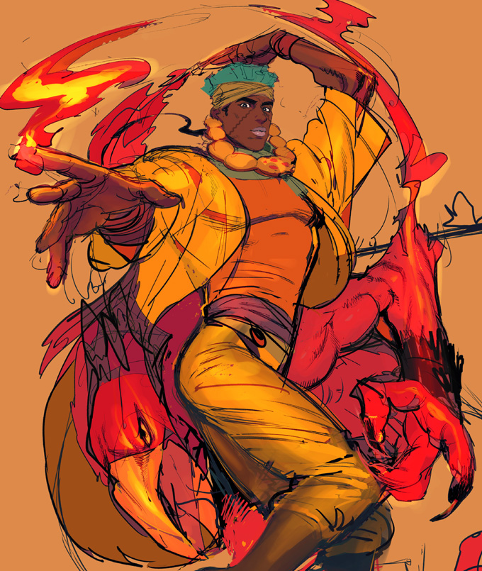 2boys, dark_skin, fire, green_hair, jojo_no_kimyou_na_bouken, kanataria, magician's_red, mohammed_avdol