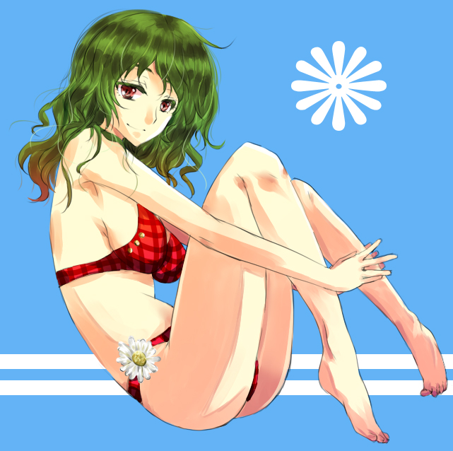 bikini, blue_background, breasts, feet, green_hair, hands, kazami_yuuka, leg_hug