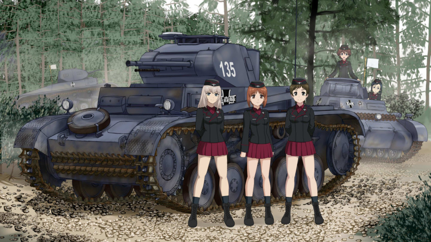 5girls, akaboshi_koume, black_hair, blue_eyes, boots, brown_eyes, brown_hair, caterpillar_tracks