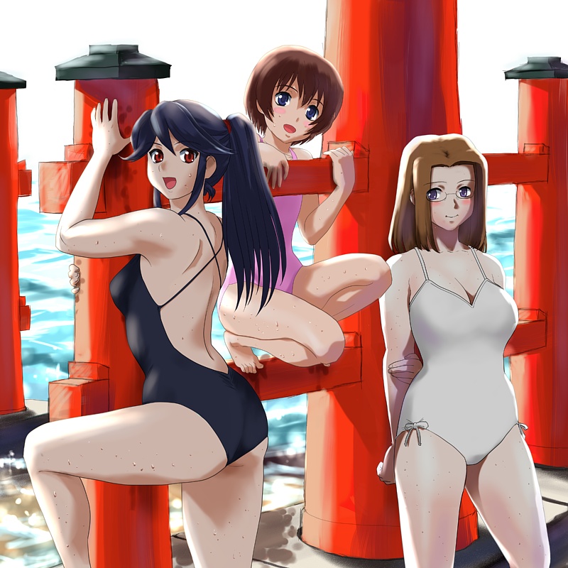 3girls, fuzuki_hajime, glasses, hitotsubashi_yurie, kamichu!, long_hair, multiple_girls, one-piece_swimsuit