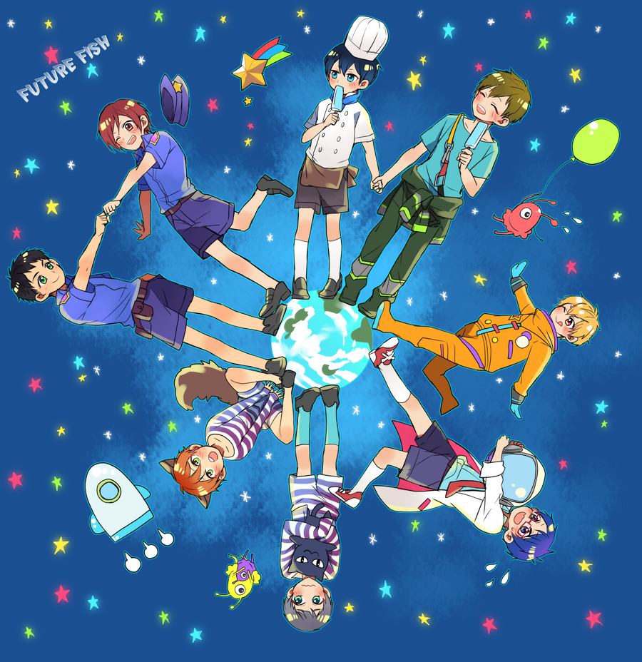 6+boys, :p, alien, animal_ears, balloon, blue_eyes, blush, cat, chef_hat, child, closed_eyes, dog_ears, earth, everyone, firefighter, free!, future_fish, grey_hair, hat, hazuki_nagisa, labcoat, matsuoka_gou, matsuoka_rin, mikoshiba_momotarou, multiple_boys, nanase_haruka_(free!), necktie, nitori_aiichirou, one_eye_closed, orange_hair, police, police_hat, police_uniform, prison_clothes, red_eyes, redhead, ryuugazaki_rei, sei_(hanibani), shorts, space, space_craft, spacesuit, tachibana_makoto, tongue, tongue_out, uniform, yamazaki_sousuke, yellow_eyes, younger