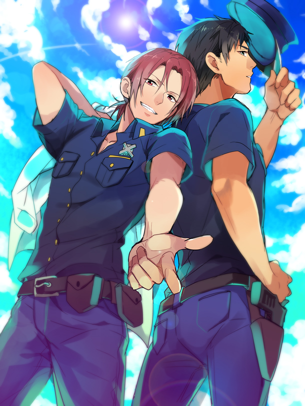 2boys, belt, black_hair, blue_eyes, future_fish, grin, hat, lens_flare
