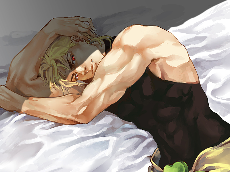 1boy, bed, blonde_hair, dio_brando, fang, heart, jojo_no_kimyou_na_bouken, qi_(bleachcxn), red_eyes, solo
