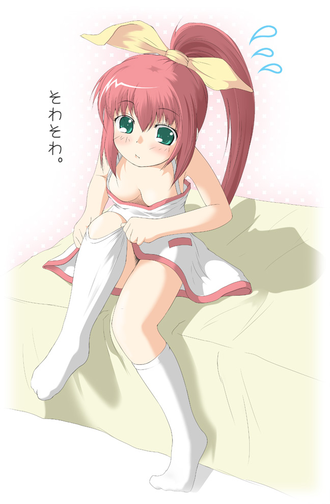 blush, breasts, cleavage, down_blouse, dress, dressing, green_eyes, hana