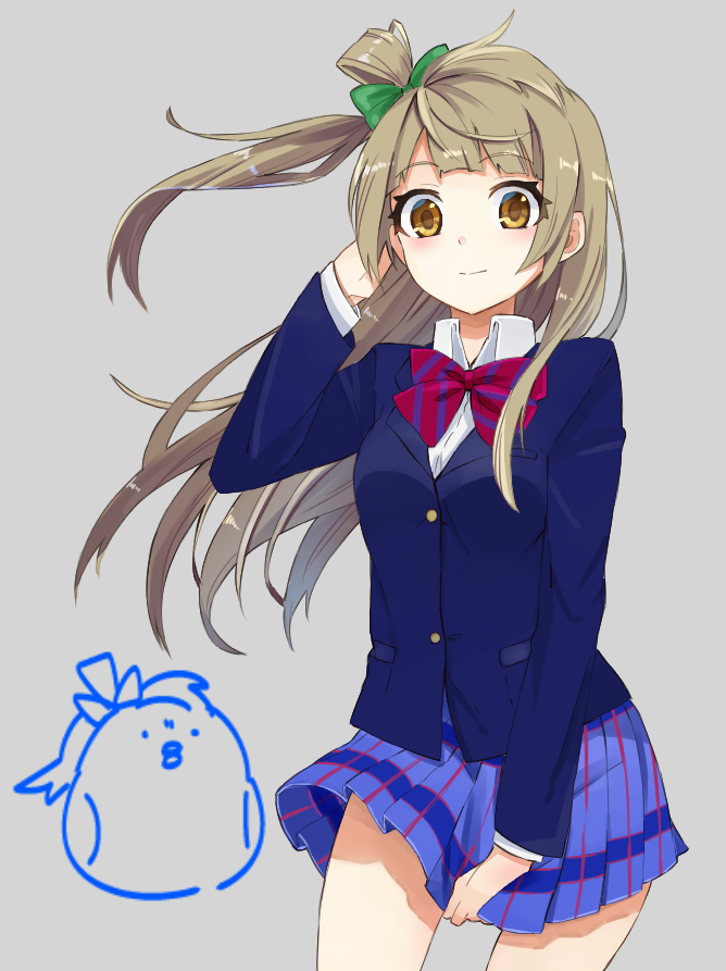 1girl, bow, brown_eyes, brown_hair, grey_background, long_hair, love_live!_school_idol_project, minami_kotori, minami_kotori_(bird), school_uniform, side_ponytail, simple_background, skirt, solo, taiki_(ozone)