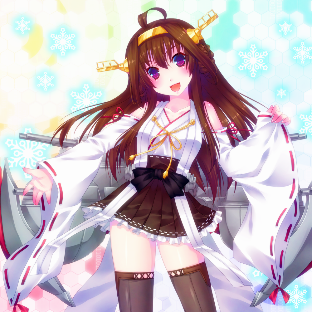 1girl, ahoge, brown_hair, detached_sleeves, door_to_heaven, hairband, japanese_clothes, kantai_collection