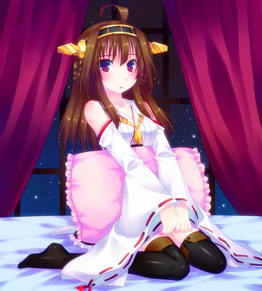 1girl, ahoge, brown_hair, detached_sleeves, door_to_heaven, hairband, japanese_clothes, kantai_collection